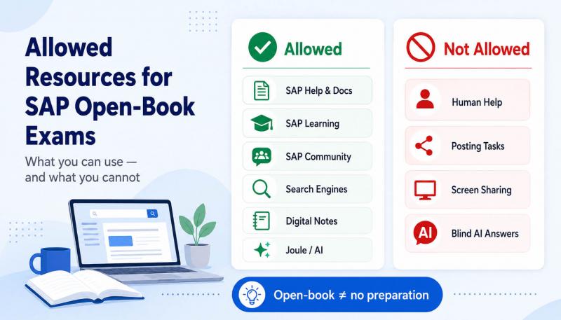 SAP open-book exams resources infographic showing allowed tools, banned help, AI rules, and preparation tips