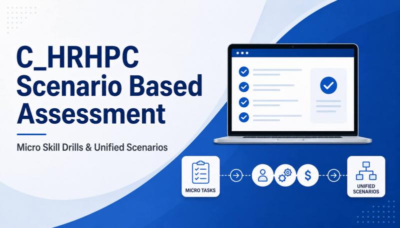 SAP C_HRHPC certification scenario assessment with micro skill drills and unified payroll practice visuals