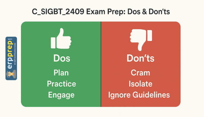 C_SIGBT_2409 exam prep dos and don'ts chart with tips to plan, practice, and avoid cramming or isolation.