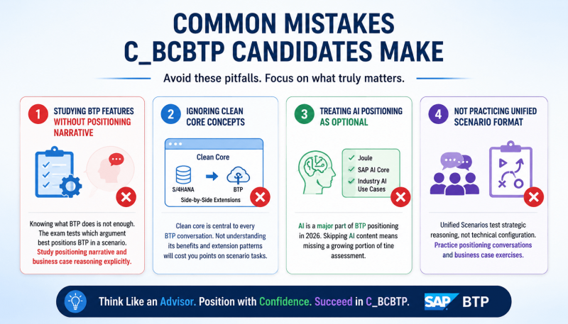 C_BCBTP Certification infographic detailing common candidate mistakes, clean core, AI positioning, and unified scenarios.