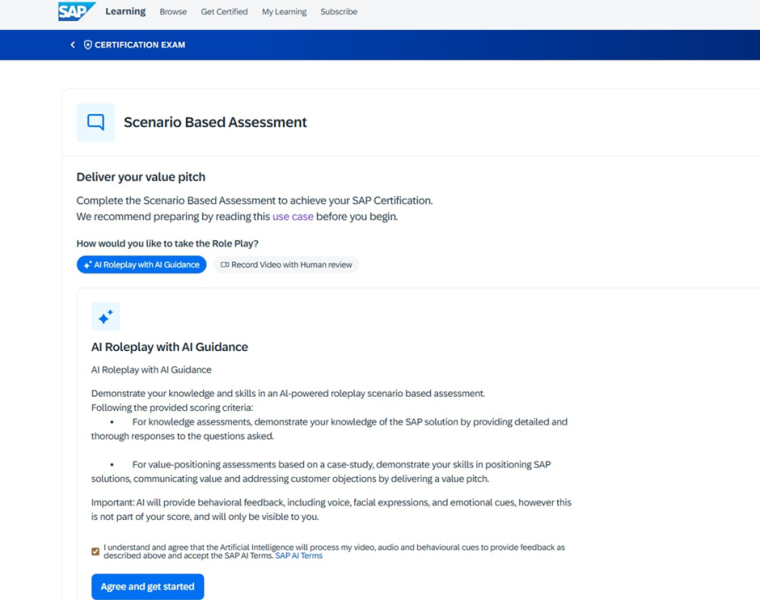 SAP Scenario Based Assessment AI roleplay interface with AI guidance and human review options for certification evaluation