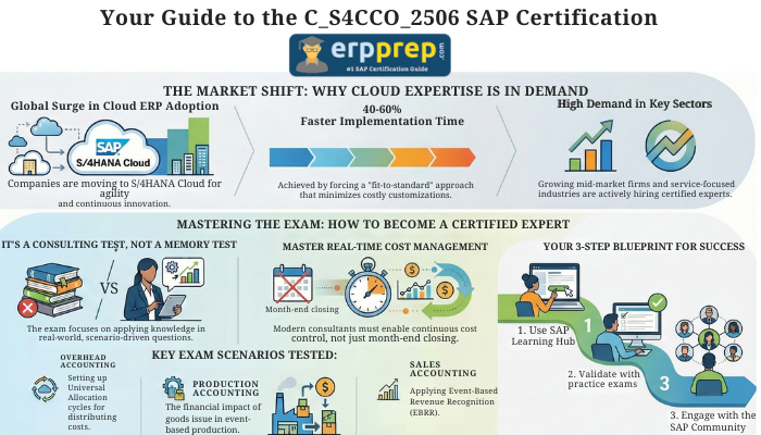 Infographic explaining the C_S4CCO_2506 SAP Certification, covering cloud ERP adoption trends, exam expectations, key accounting scenarios, and a three-step blueprint for successful certification preparation.