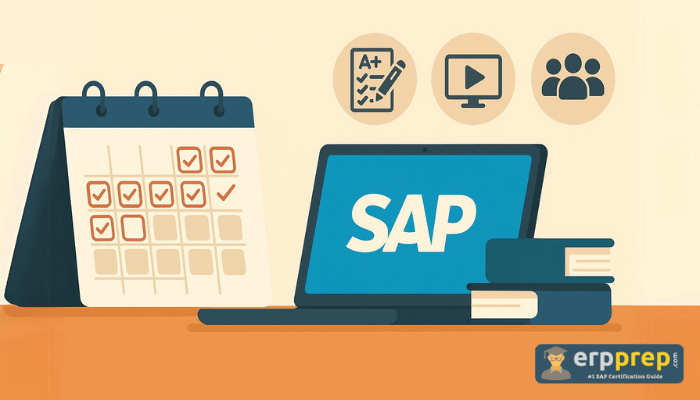 SAP study plan illustration with calendar, laptop, books, and icons for tests, video learning, and community support.