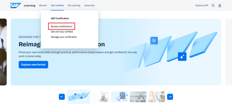 SAP Scenario Based Assessment navigation showing SAP Learning portal menu to browse certifications and access exam dashboard