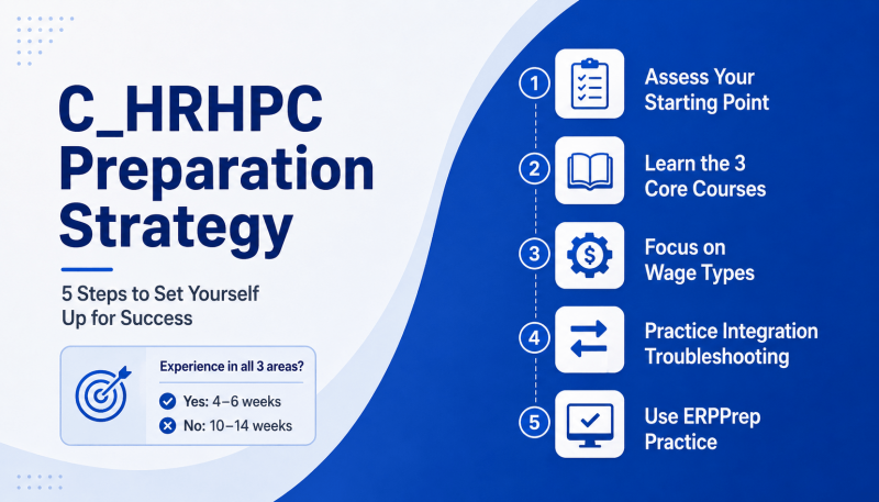 SAP C_HRHPC certification preparation strategy infographic with 5 study steps, course path, and exam timeline