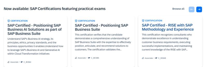 New SAP Exam Format highlighting practical SAP certifications like Business AI, Business Suite, and RISE with SAP exams