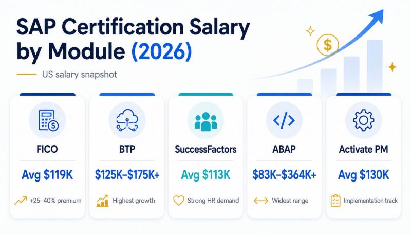 SAP certification salary by module 2026 infographic with FICO, BTP, SuccessFactors, ABAP and Activate PM
