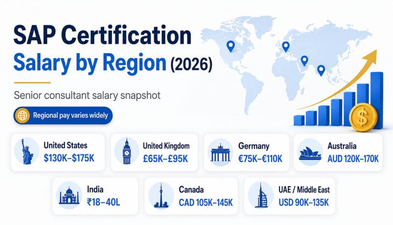 SAP certification salary by region 2026 infographic showing consultant pay ranges across global markets