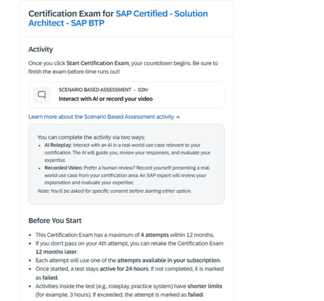 SAP Scenario Based Assessment exam page displaying certification details, duration, and AI interaction or video submission options