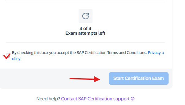 SAP Scenario Based Assessment screen showing exam attempts remaining and Start Certification Exam option