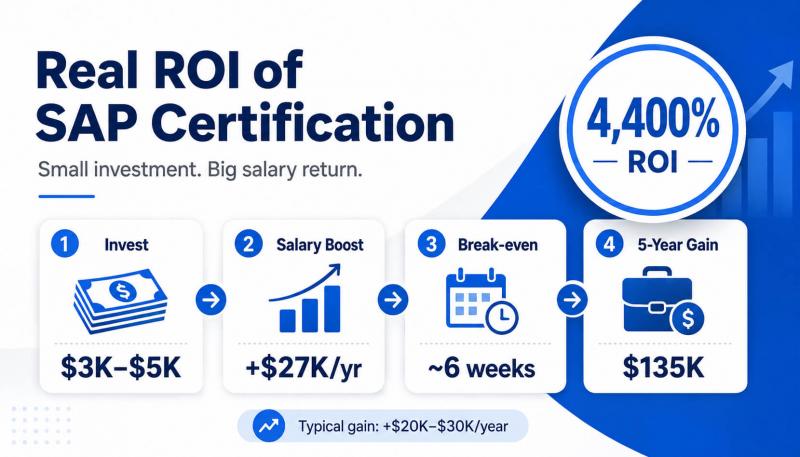 SAP certification ROI infographic showing investment, salary boost, break-even time, and 5-year career earnings