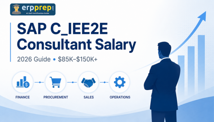 SAP C_IEE2E consultant salary guide showing $85Kâ$150K+ range, business process icons and an upward career growth chart.