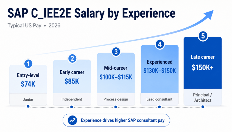 SAP C_IEE2E salary by experience infographic showing US pay rising from $74K entry-level to $150K+ late career in 2026.