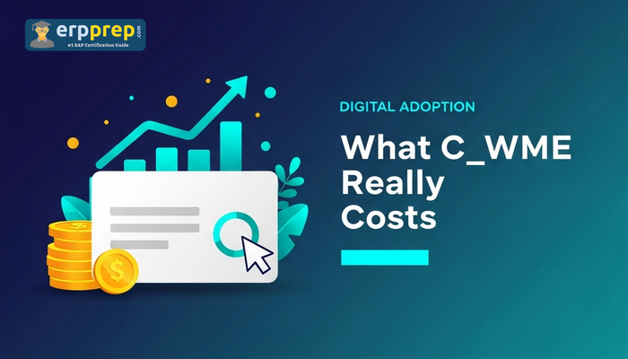SAP C_WME digital adoption consultant costs illustrated with growth chart, coins, dashboard card, and cursor icon online
