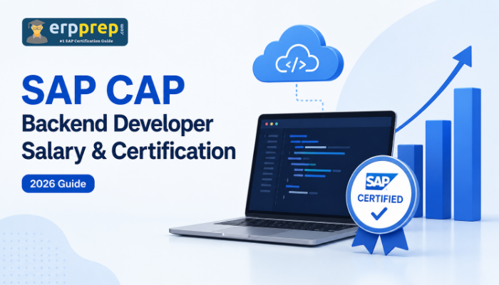 SAP CAP Backend Developer salary and certification guide with laptop, cloud code icon, growth chart and SAP badge