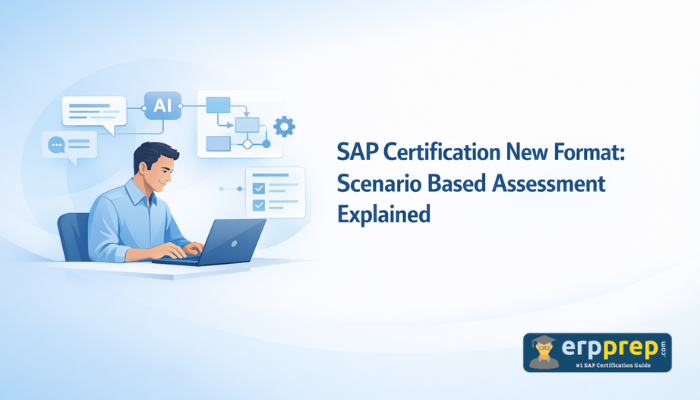 SAP Scenario Based Assessment hero image showing new SAP certification format with AI-driven, real-world tasks and practical exam interface