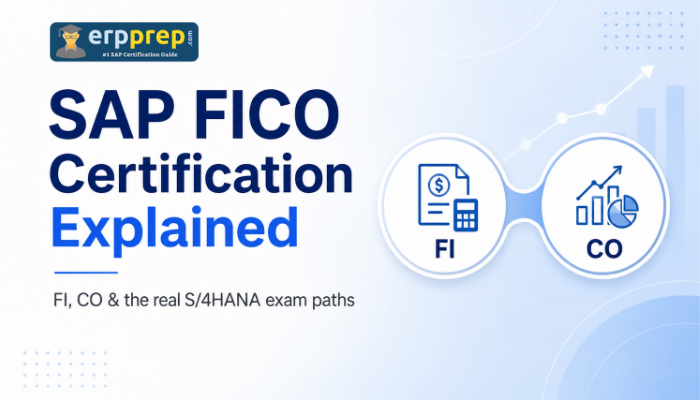 SAP FICO certification explained with FI and CO finance icons for S/4HANA exam paths and accounting careers.
