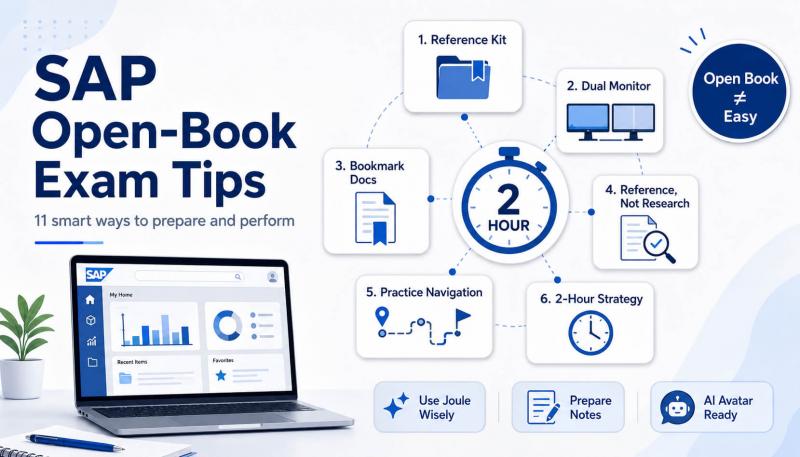 SAP open-book exam tips infographic with 2-hour strategy, reference kit, dual monitor, Joule, notes and AI avatar