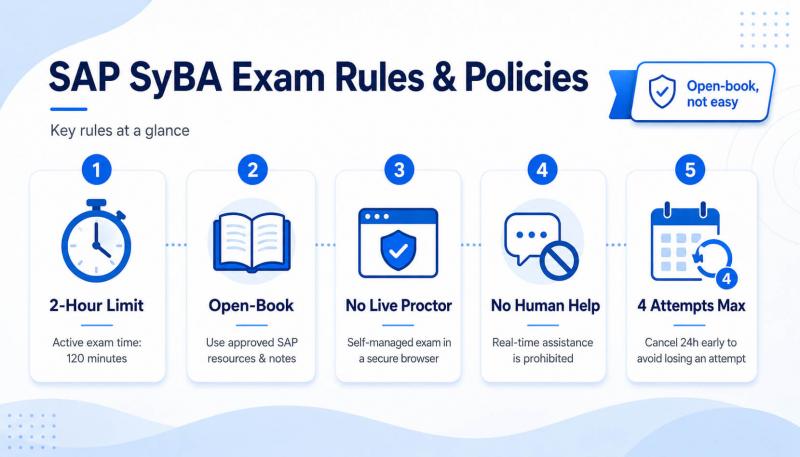 SAP SyBA exam rules and policies infographic covering 2-hour limit, open-book format and attempt rules