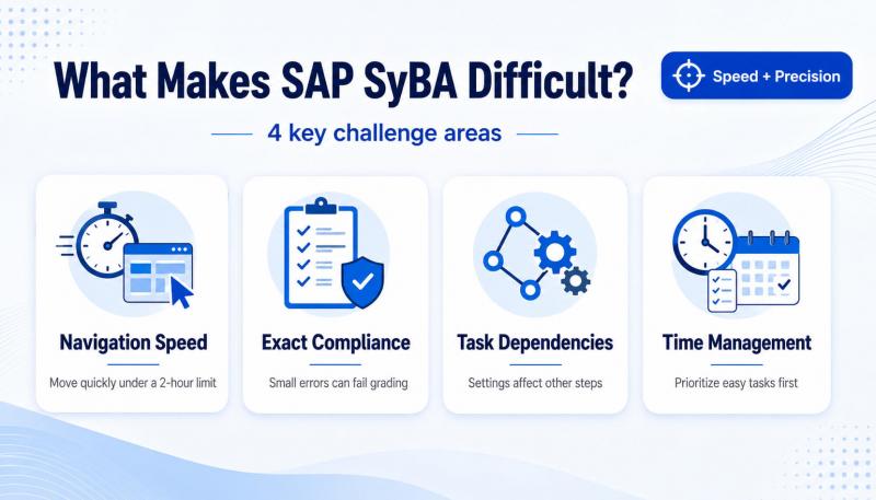 SAP SyBA difficulty infographic showing navigation speed, exact compliance, dependencies and time management
