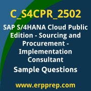 Get C_S4CPR_2502 Dumps Free, and SAP S/4HANA Cloud Public Edition Sourcing and Procurement PDF Download for your SAP S/4HANA Cloud Public Edition - Sourcing and Procurement - Implementation Consultant Certification. Access C_S4CPR_2502 Free PDF Download to enhance your exam preparation.